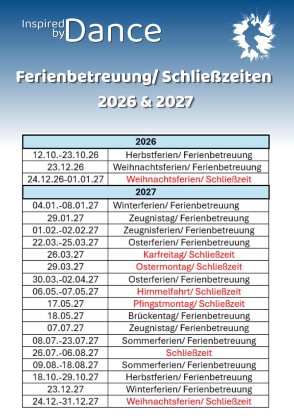 Ferienbetreuungs- und Schlie�zeiten 2026 und 2027