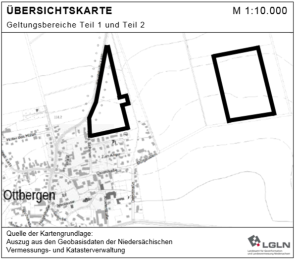 Überisichtskarte zum Bebauungsplan Nr. 09-07 "Auf der Schanze Nord", Teil 1 und 2 (Ortschaft Ottbergen)